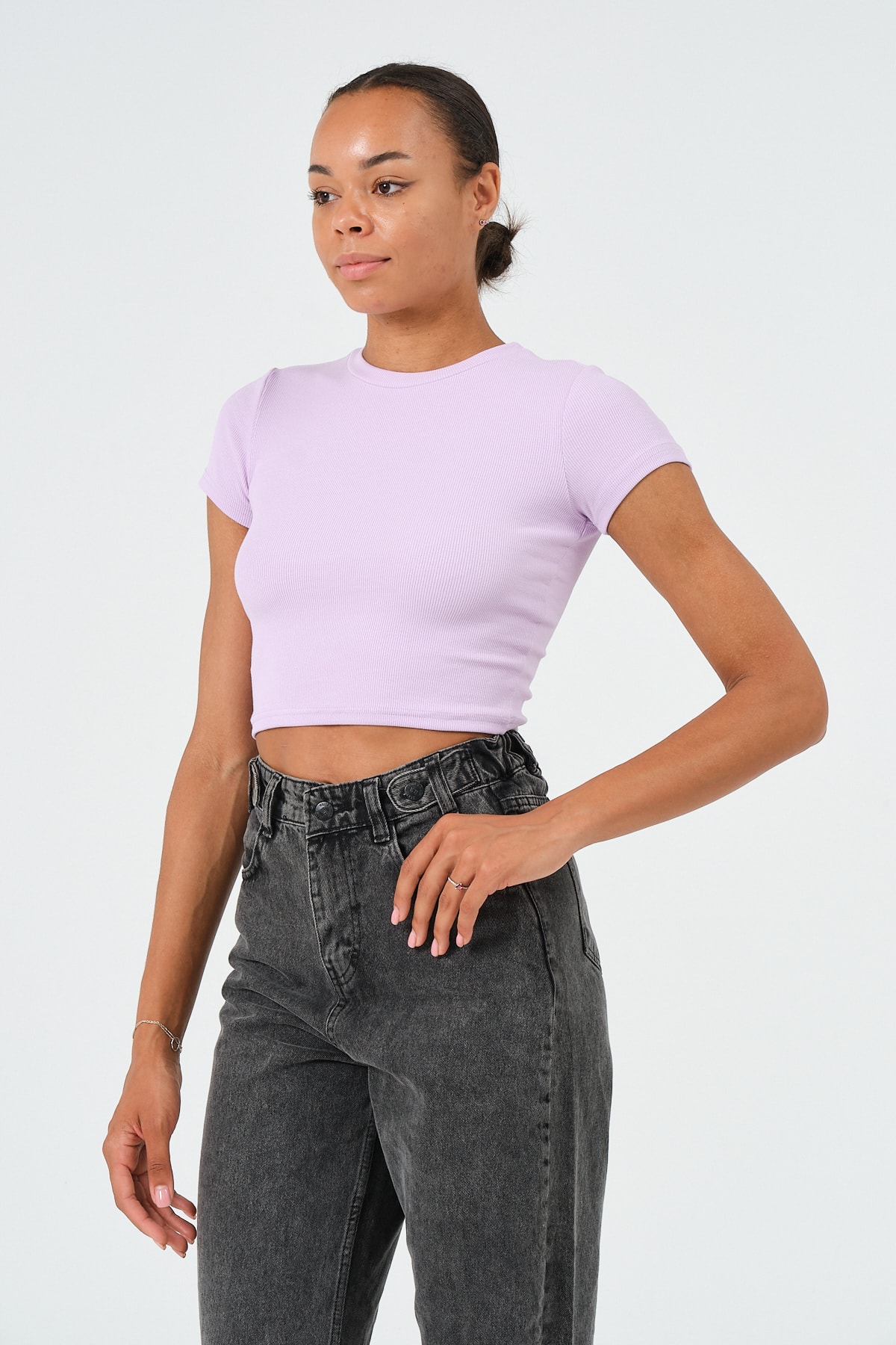 Kadın Bej Bisiklet Yaka Kısa Kollu Crop Basic Bluz