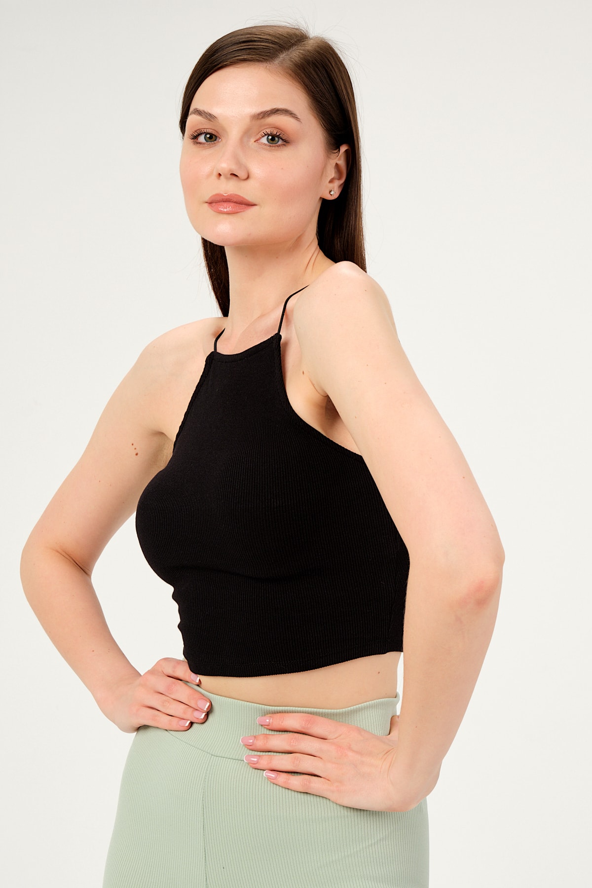 Kadın Yeşil Askılı Crop Bluz