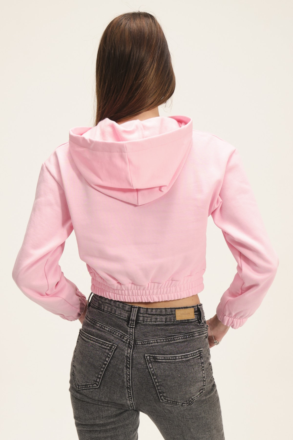 Kadın Beyaz Kapüşonlu Içi Polarlı Crop Sweatshirt