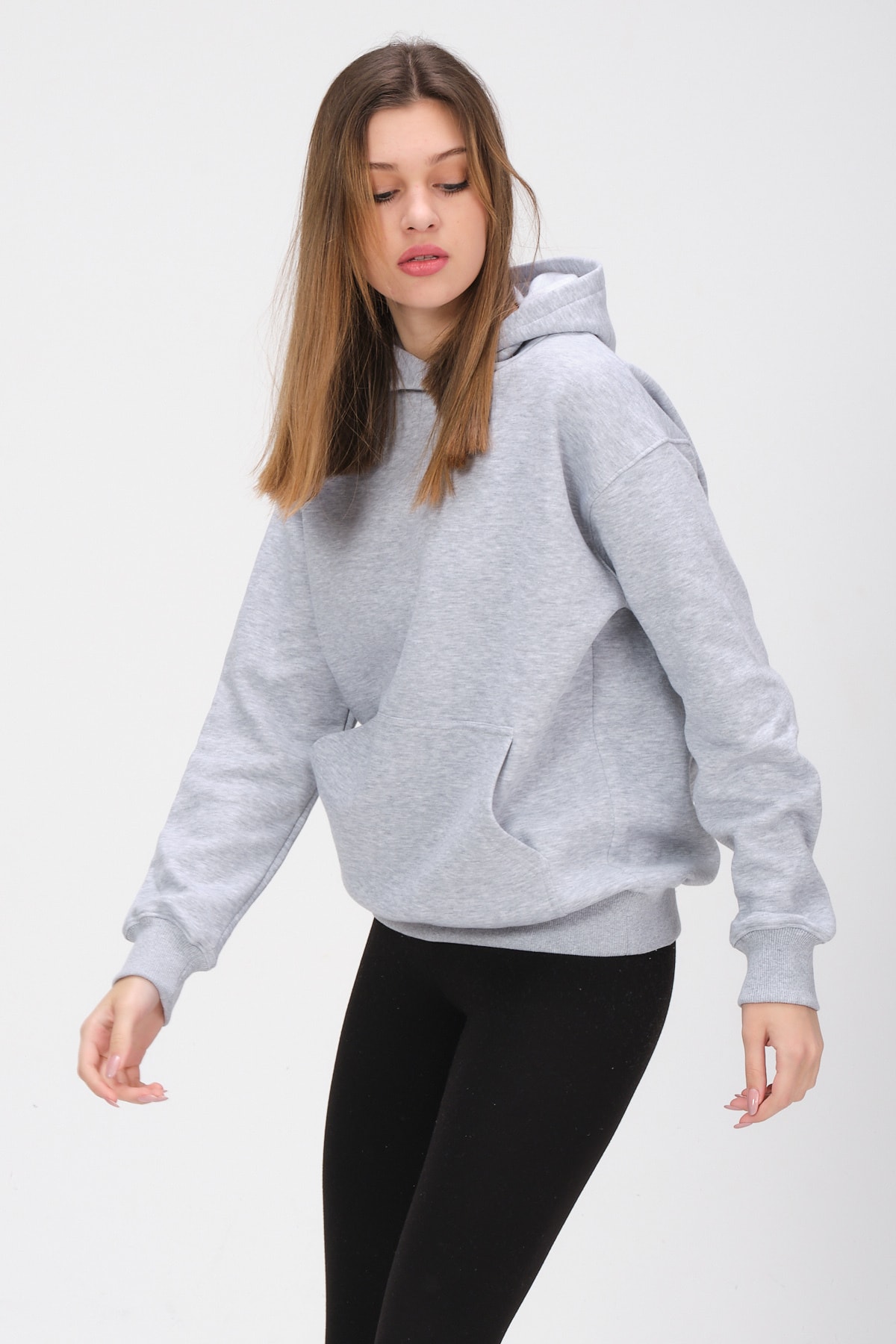 Kadın Gri Kapüşonlu Içi Polarlı Oversize Sweat