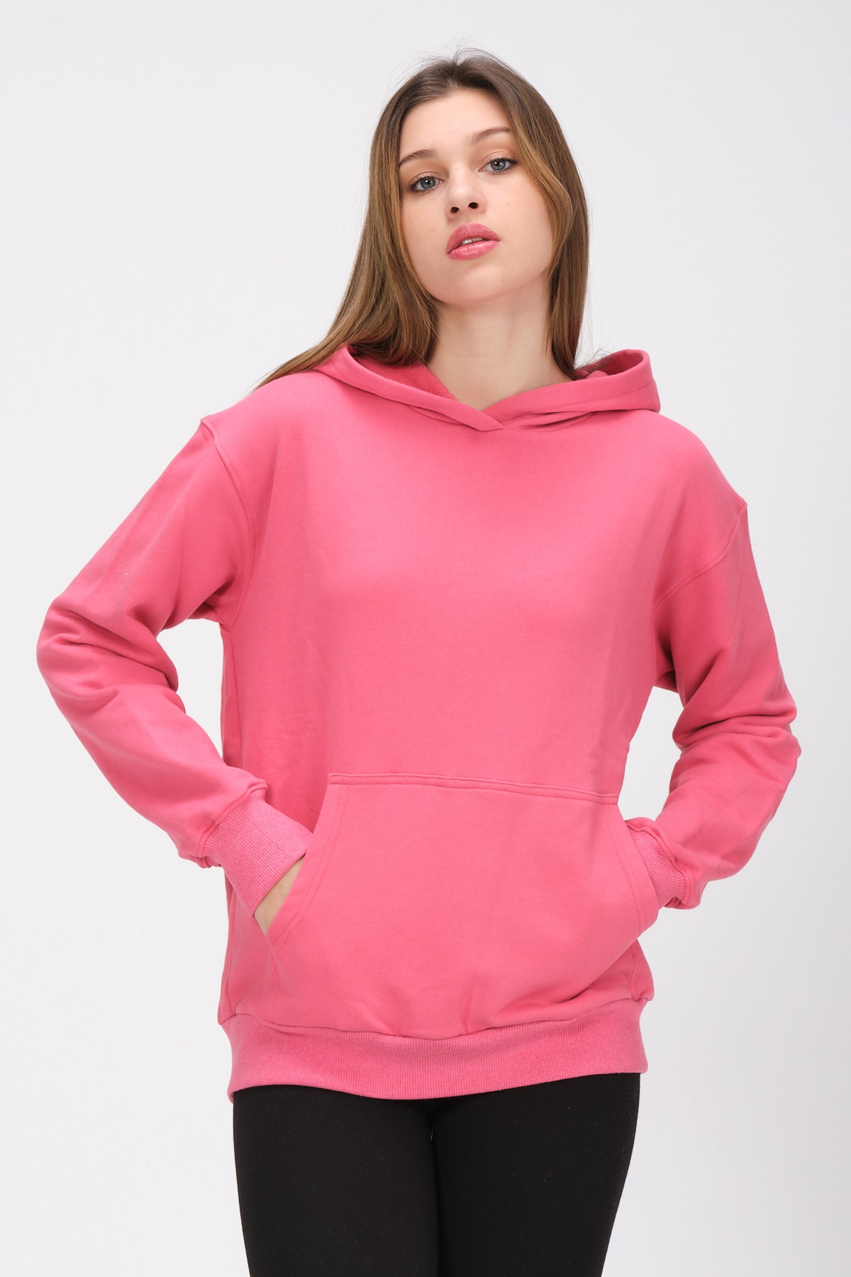 Kadın Gri Kapüşonlu Içi Polarlı Oversize Sweat