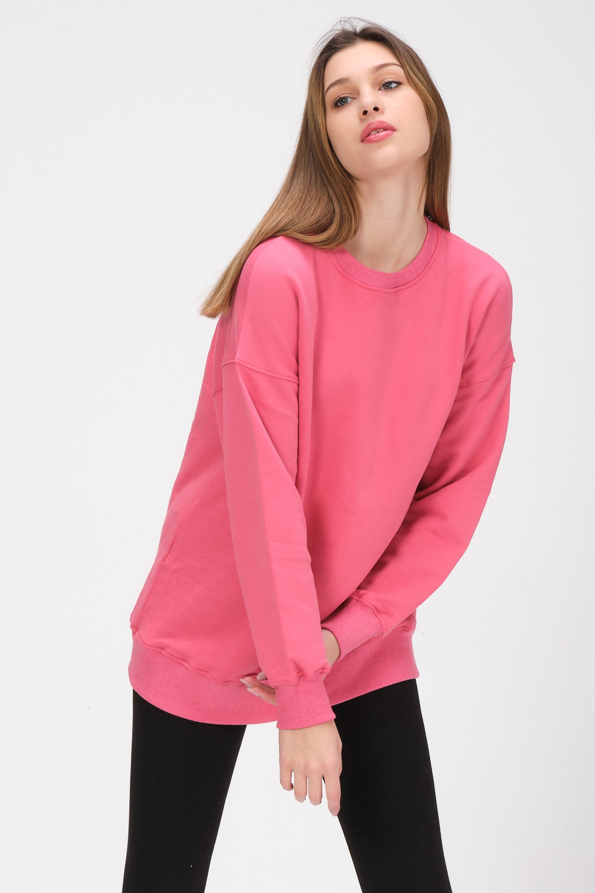 Kadın Pembe Uzun Kollu Oversize Sweatshirt