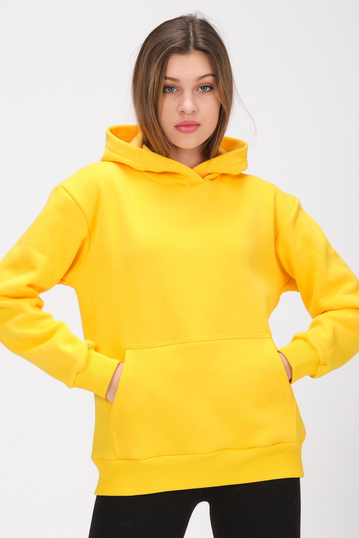 Kadın Sarı Kapüşonlu Içi Polarlı Kanguru Cep Oversize Sweatshirt