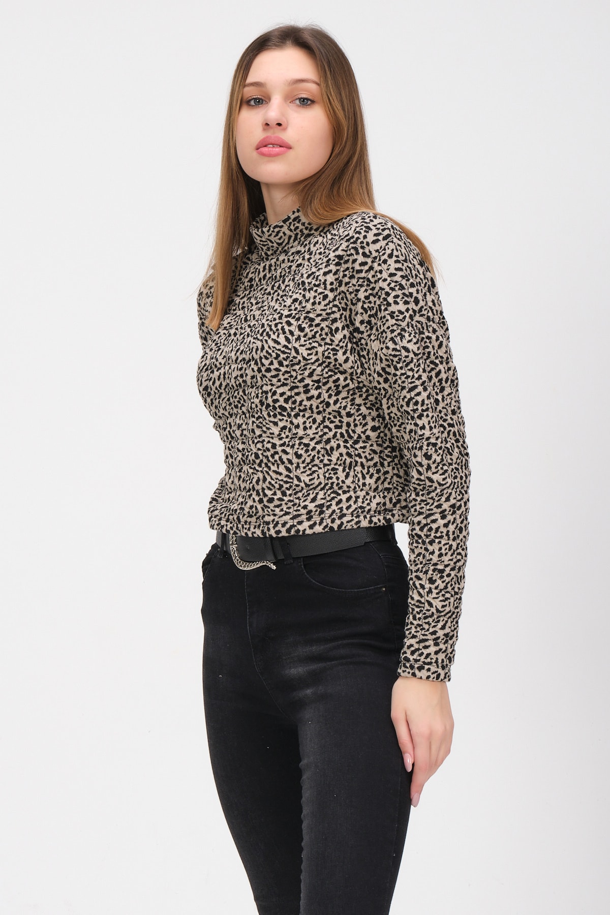 Kadın Leopar Kare Dikiş Detaylı Dik Yaka Bluz