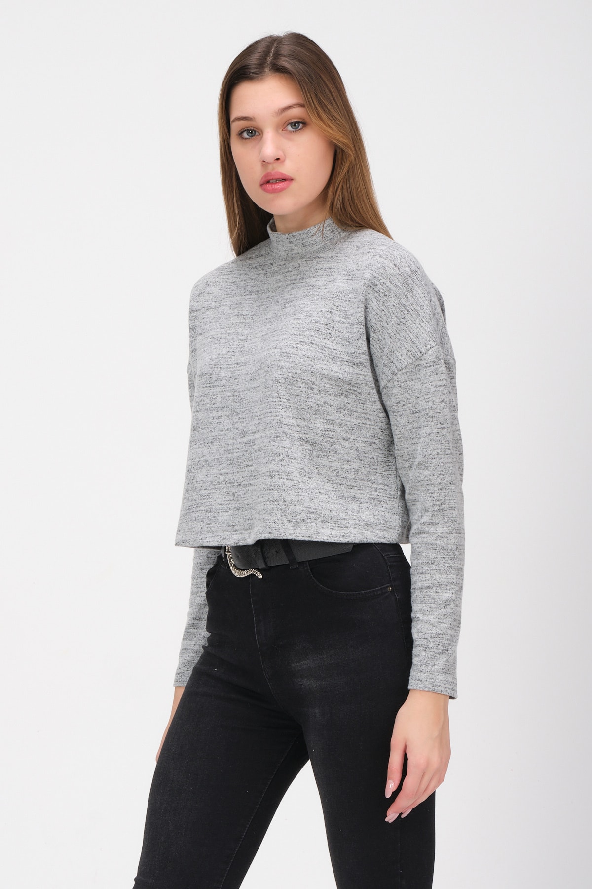 Kadın Leopar Kare Dikiş Detaylı Dik Yaka Bluz