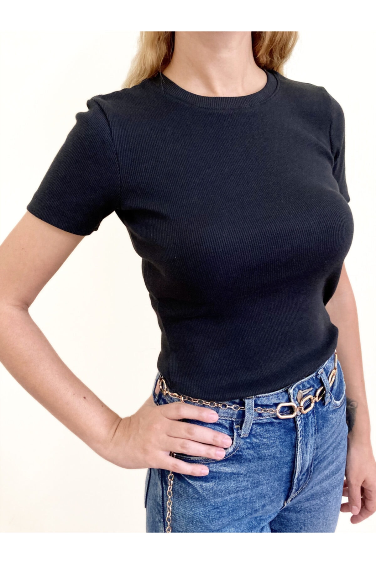 Kadın Siyah Kısa Kollu Tam Boy Basic Kaşkorse T-shirt