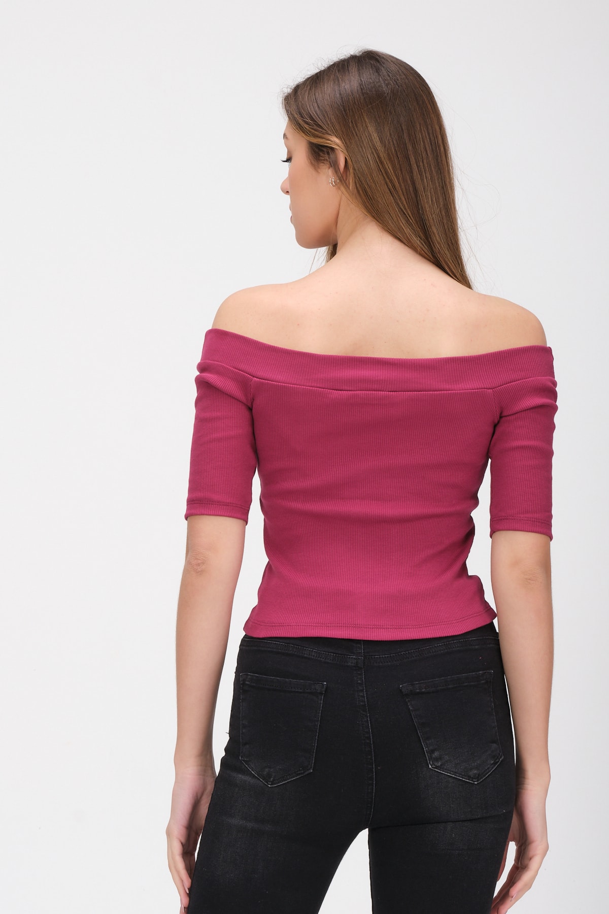 Kadın Mürdüm Kayık Yaka Kaşkorse T-shirt