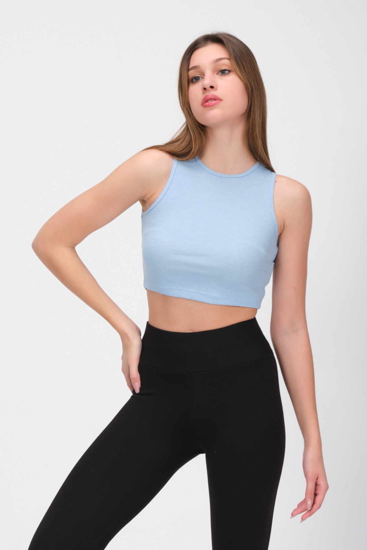 Kadın Mavi Bisiklet Yaka Crop Top Kolsuz Kaşkorse  T-Shirt