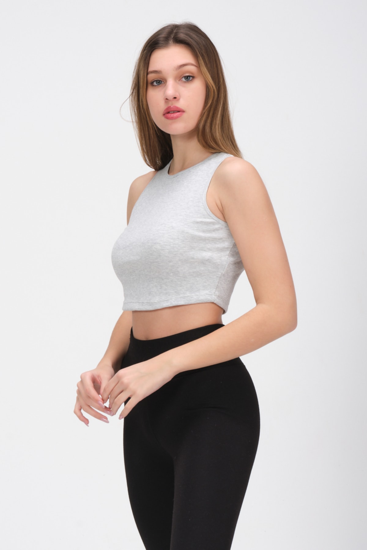 Kadın Mavi Bisiklet Yaka Crop Top Kolsuz Kaşkorse  T-Shirt