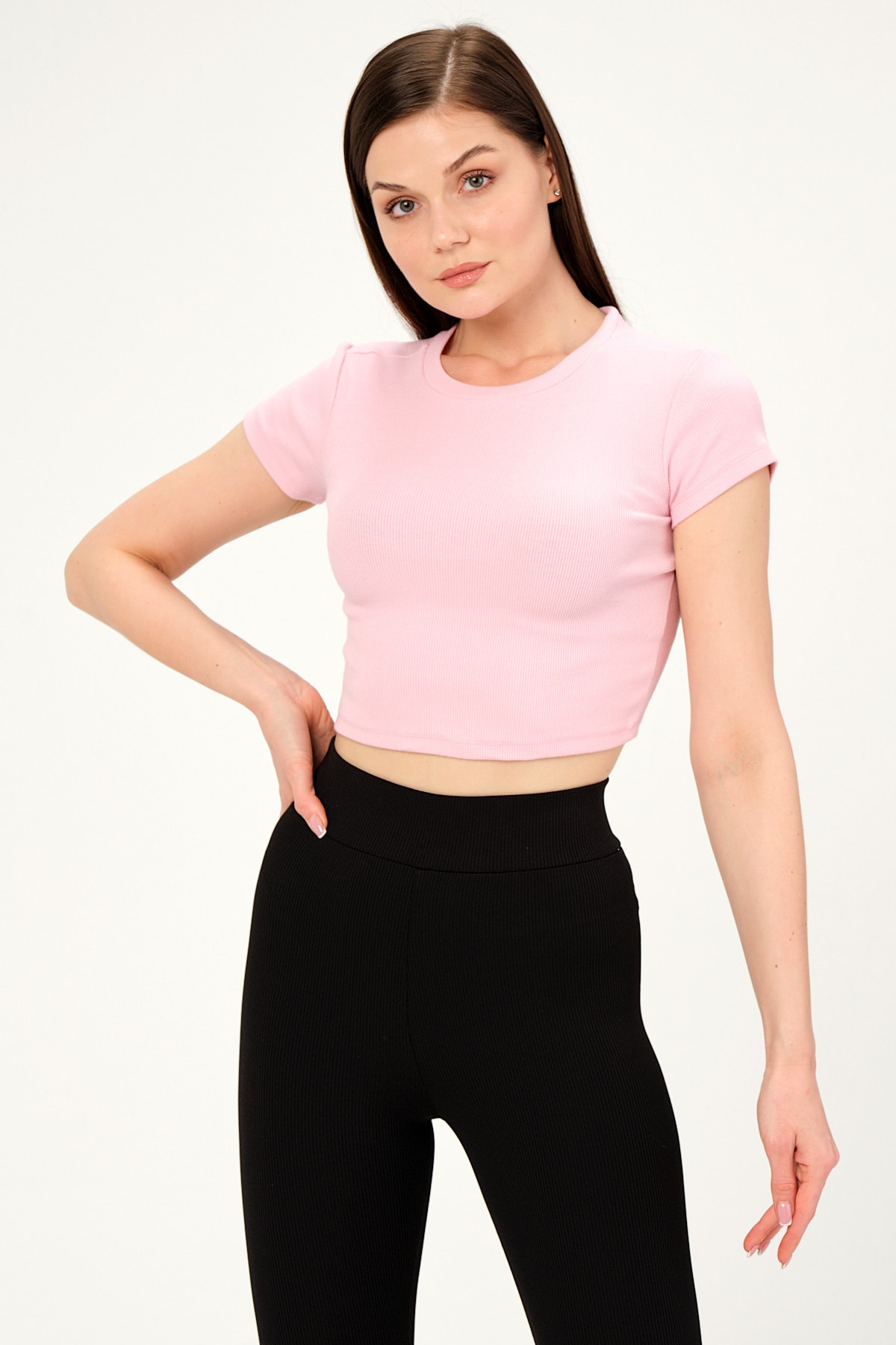 Kadın Bej Bisiklet Yaka Kısa Kollu Crop Basic Bluz
