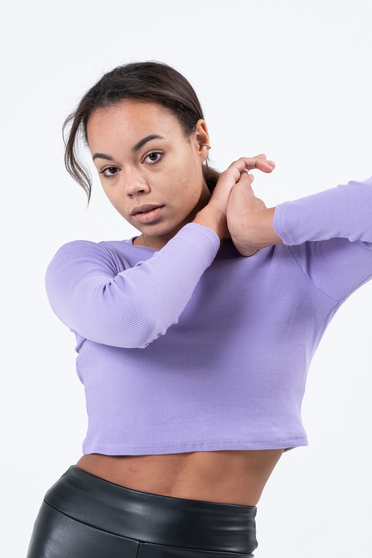 Kadın Vizon Uzun Kollu Fitilli Bluz Crop Örme T-shirt