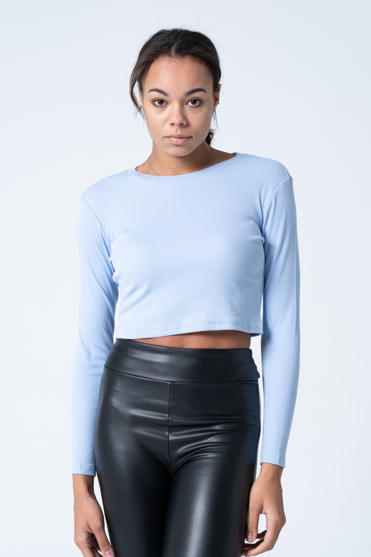 Kadın Vizon Uzun Kollu Fitilli Bluz Crop Örme T-shirt