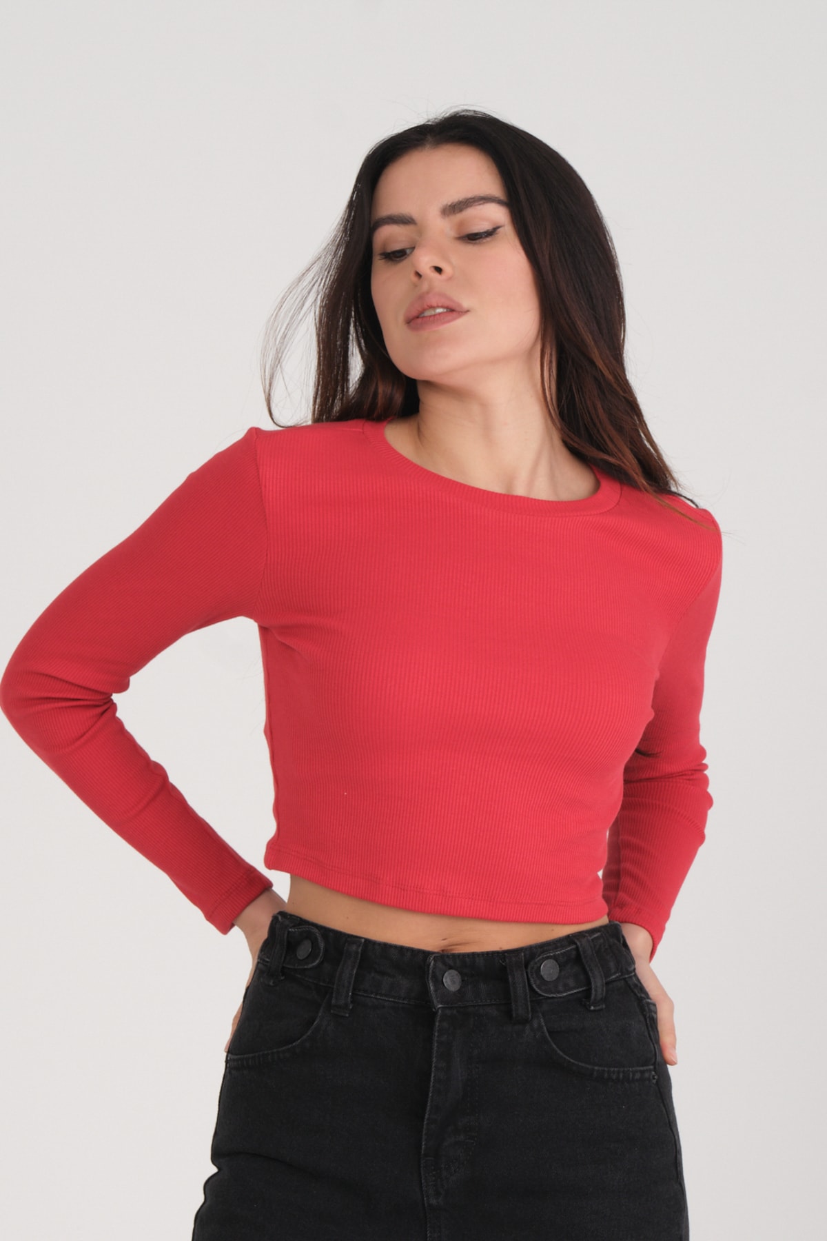 Kadın Vizon Uzun Kollu Fitilli Bluz Crop Örme T-shirt