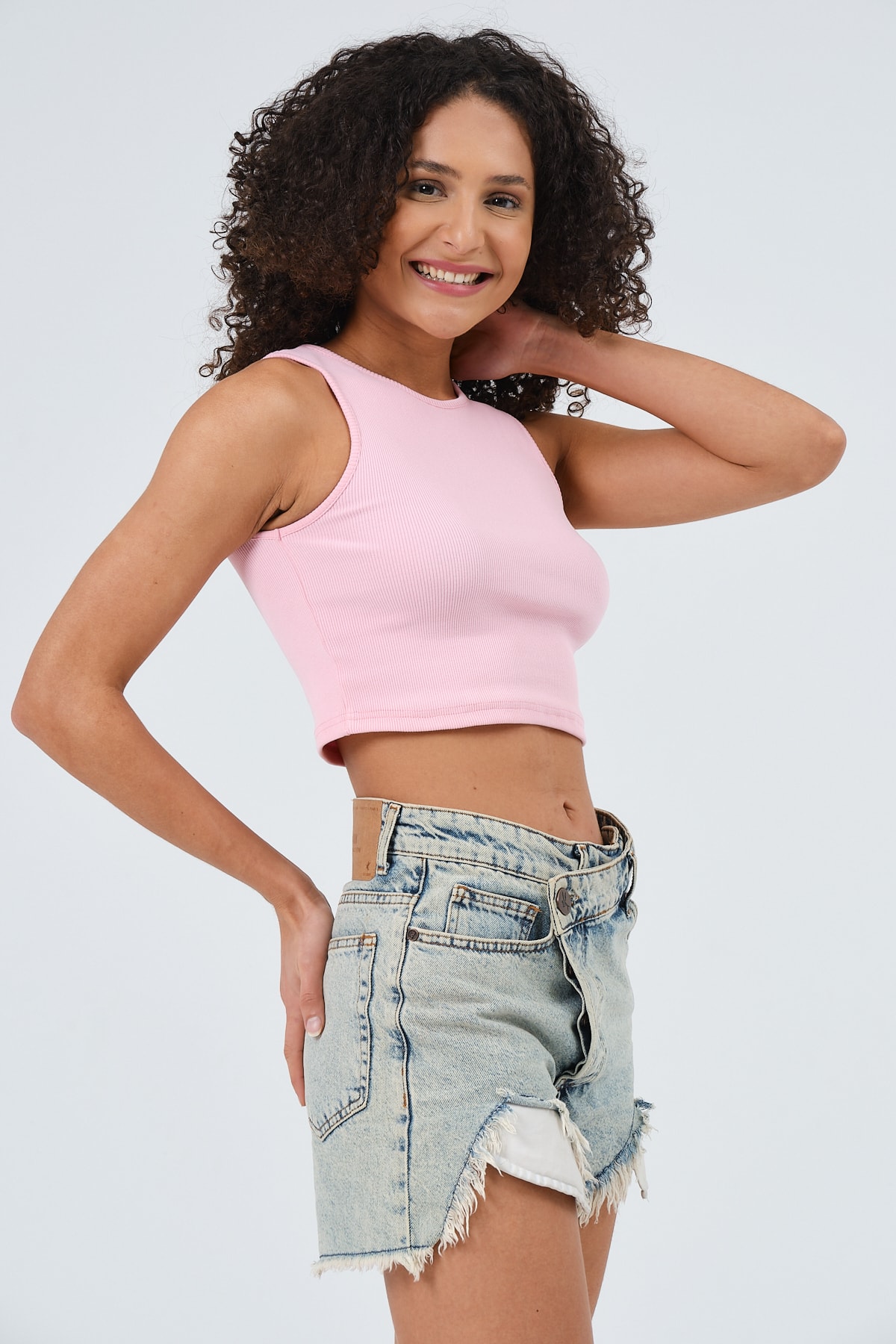 Kadın Pembe Bisiklet Yaka Crop Top Kolsuz Kaşkorse T-shirt