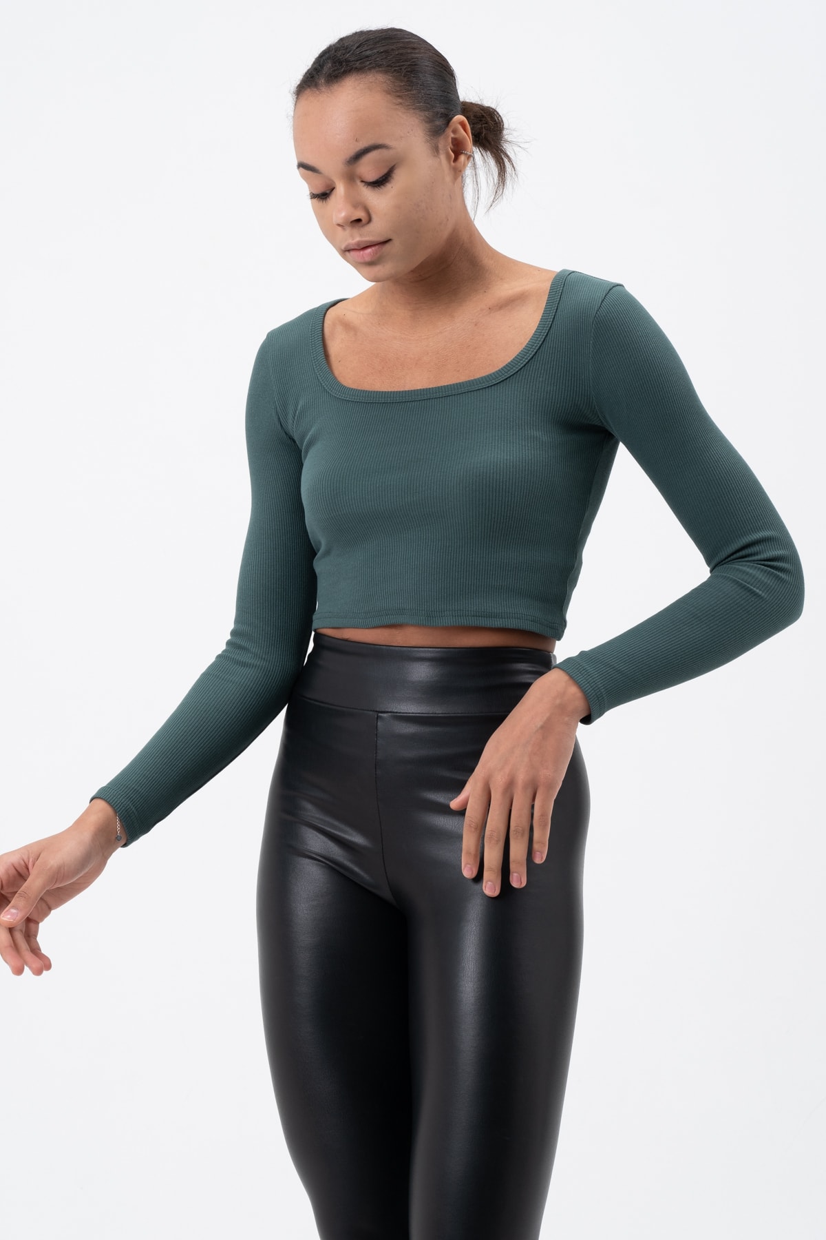 Kadın Gül Kurusu Uzun Kollu Kare Yaka Fitilli Bluz