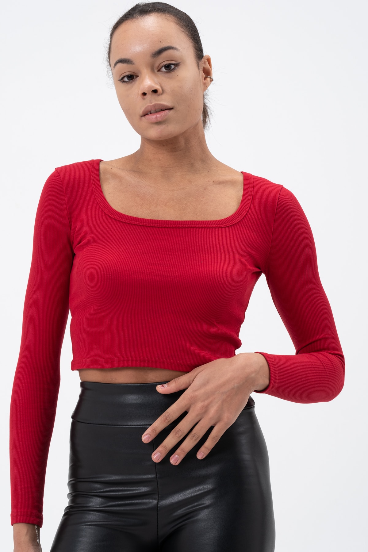 Kadın Gül Kurusu Uzun Kollu Kare Yaka Fitilli Bluz