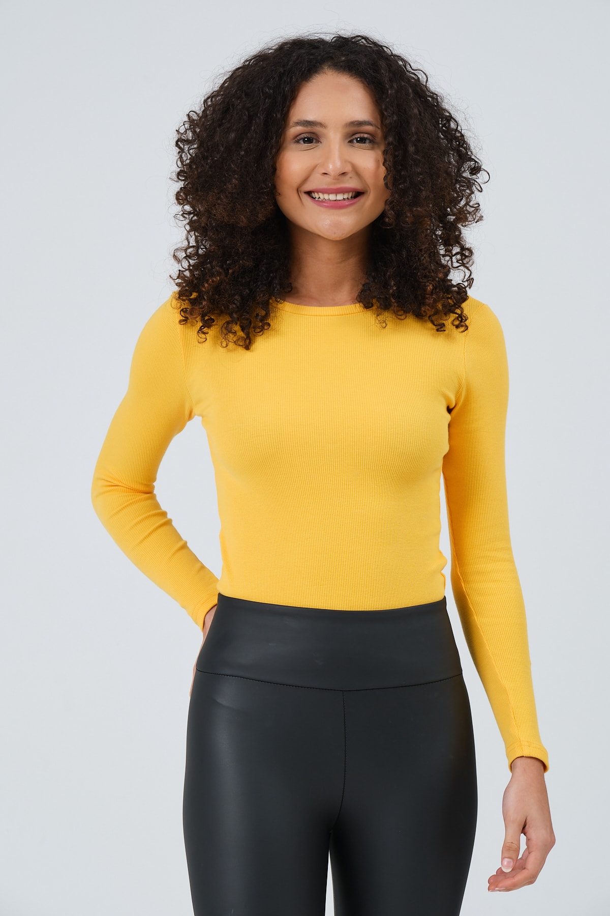 Kadın Gri Uzun Kollu Bisiklet Yaka Tam Boy Örme Bluz