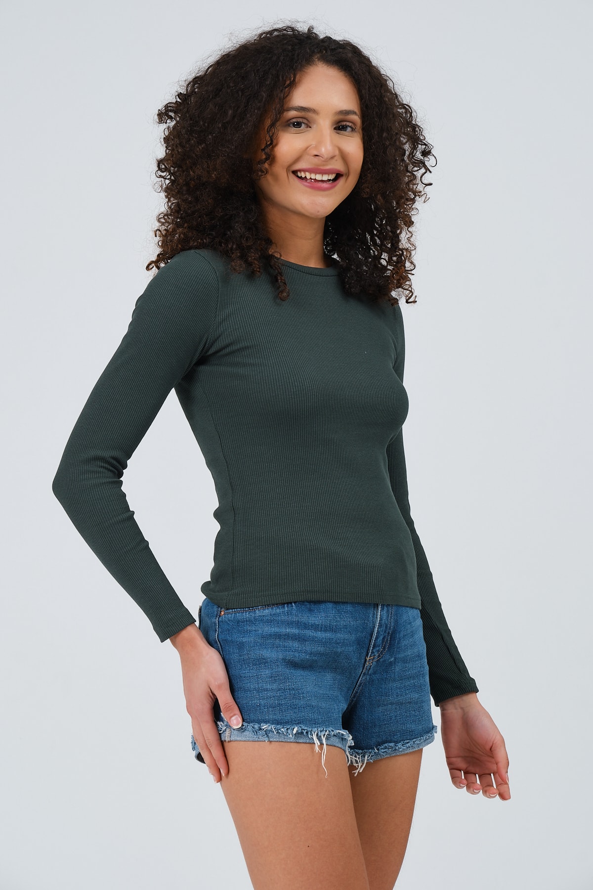 Kadın Gri Uzun Kollu Bisiklet Yaka Tam Boy Örme Bluz