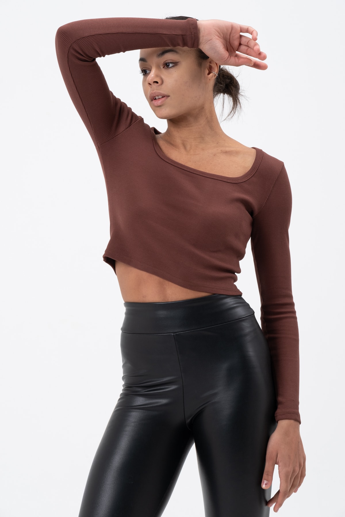 Kadın Gül Kurusu Uzun Kollu Kare Yaka Fitilli Bluz