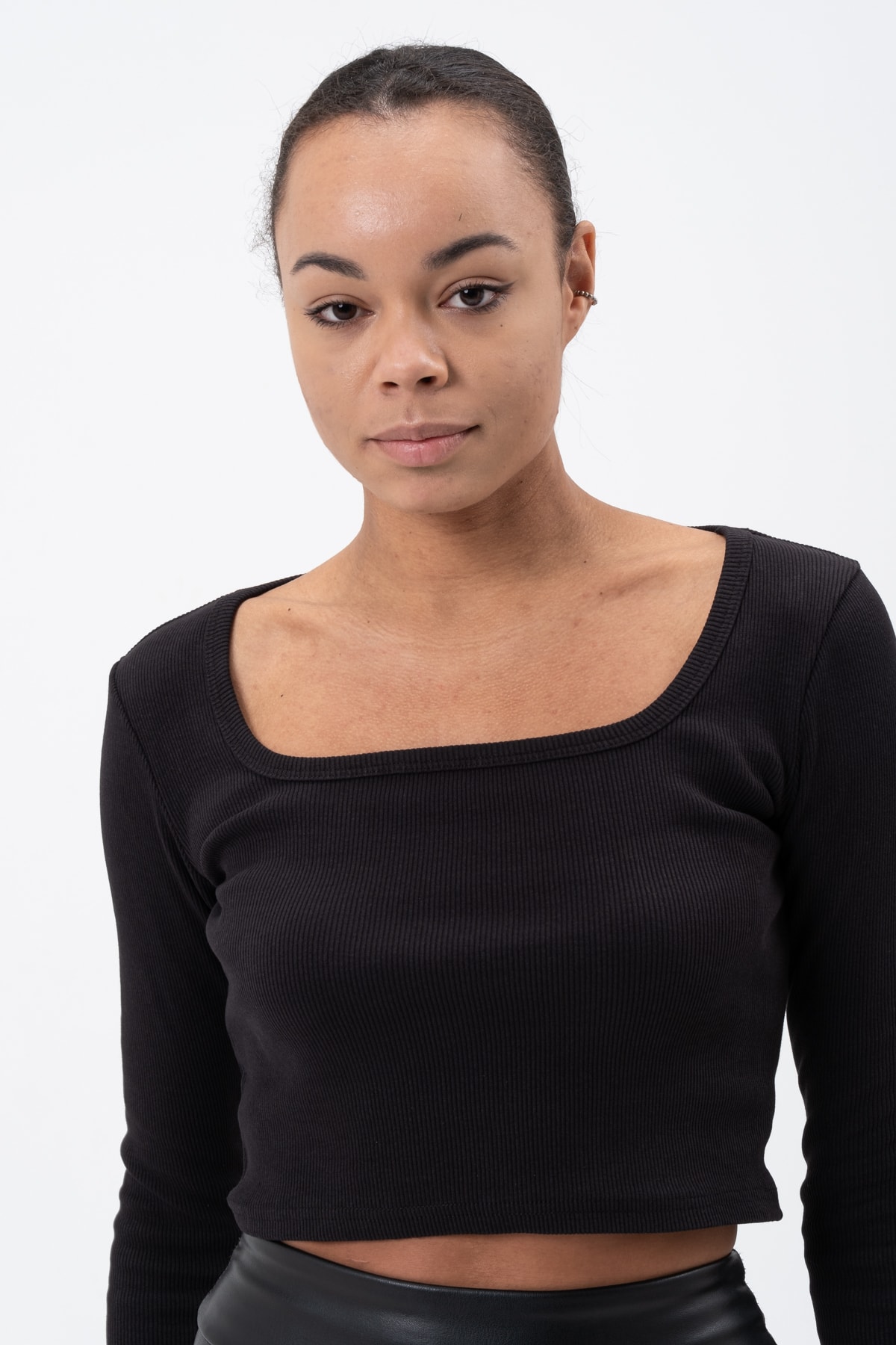 Kadın Gül Kurusu Uzun Kollu Kare Yaka Fitilli Bluz