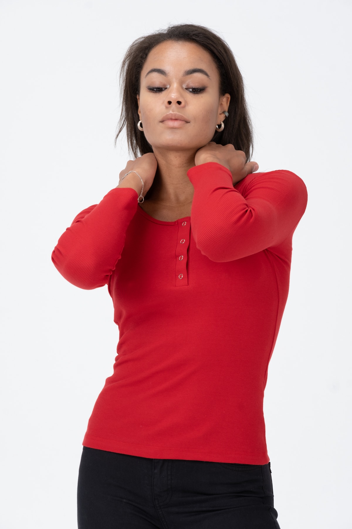 Kadın Kahverengi Çıtçıtlı Örme Uzun Kollu Bluz