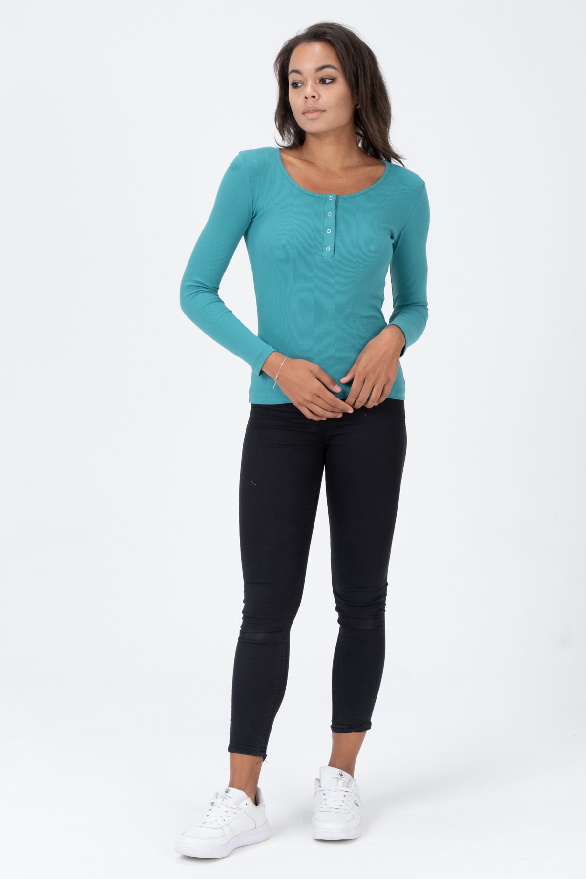 Kadın Kahverengi Çıtçıtlı Örme Uzun Kollu Bluz