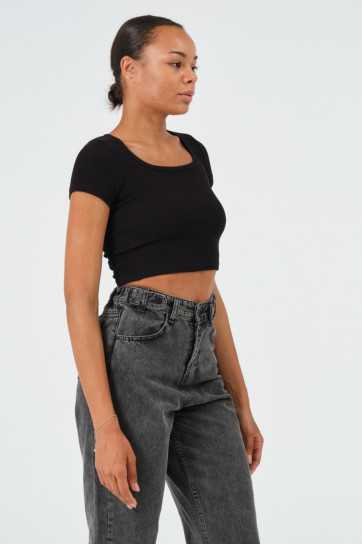 Kadın Sax Mavi U Yaka Kısa Kollu Crop Bluz