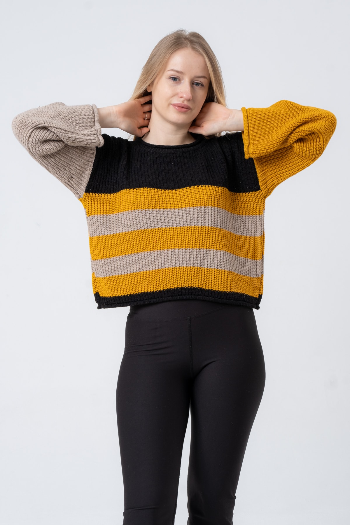 Kadın Bisiklet Yaka Çizgili Uzun Kollu Triko Kazak