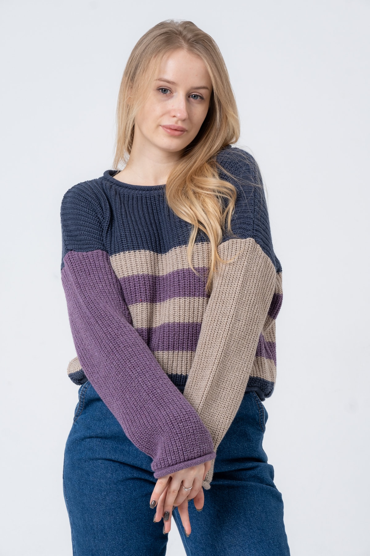 Kadın Bisiklet Yaka Çizgili Uzun Kollu Triko Kazak