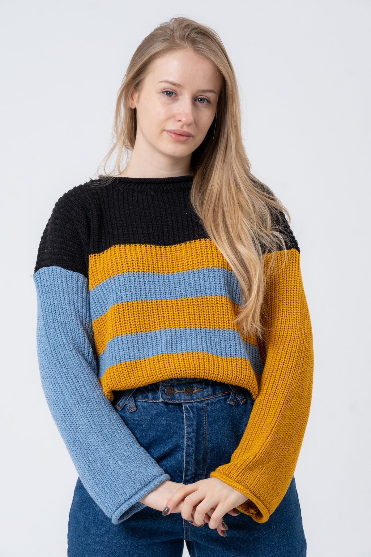 Kadın Bisiklet Yaka Çizgili Uzun Kollu Triko Kazak