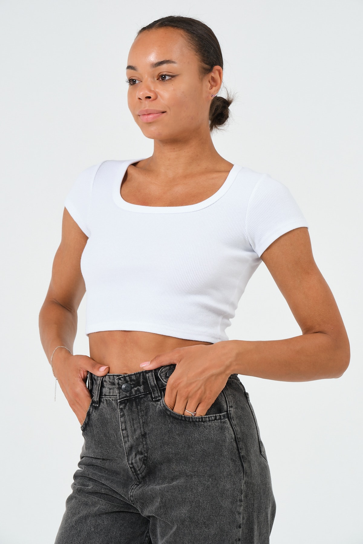 Kadın Sax Mavi U Yaka Kısa Kollu Crop Bluz