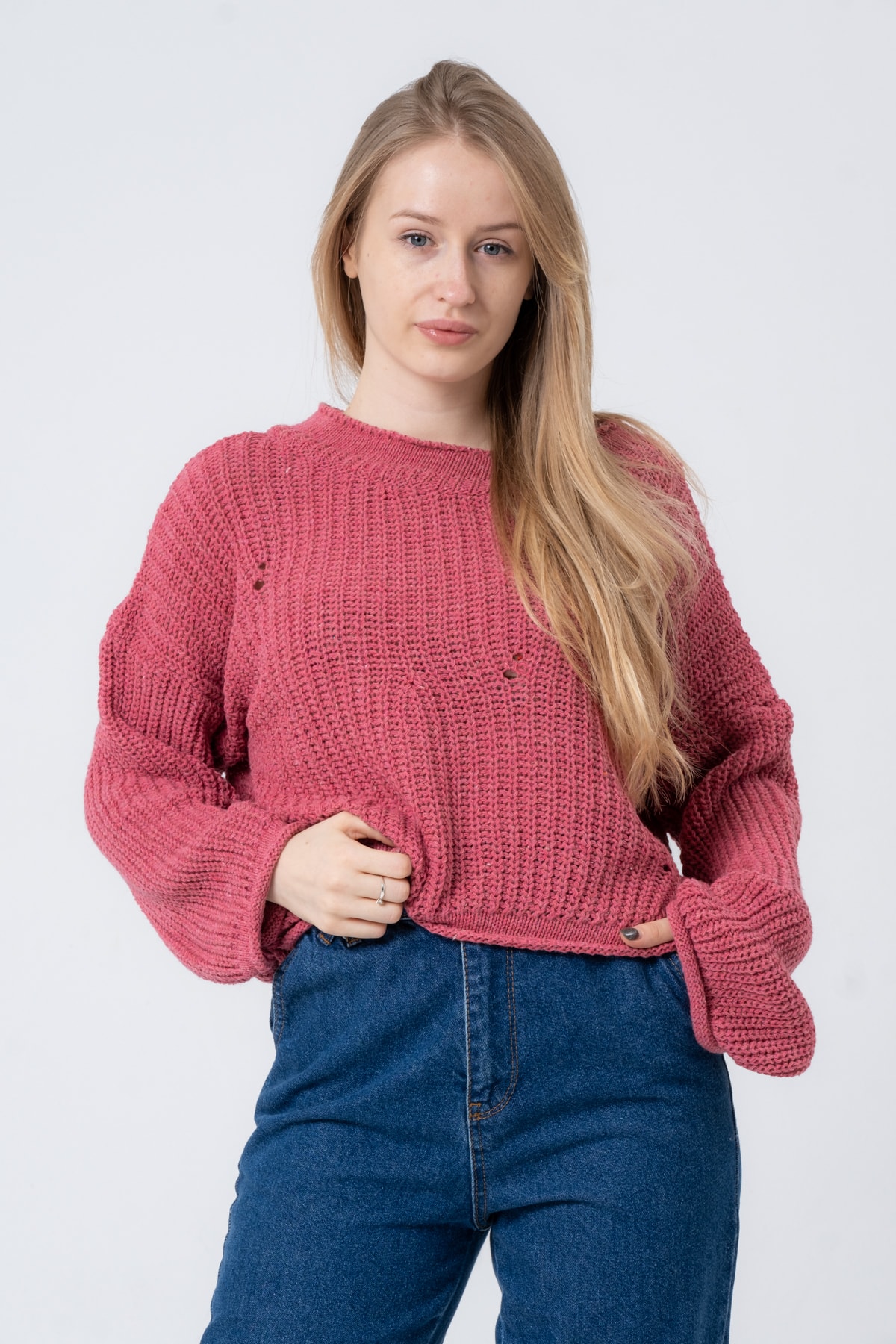 Kadın Pembe Geniş Uzun Kollu Triko Kazak