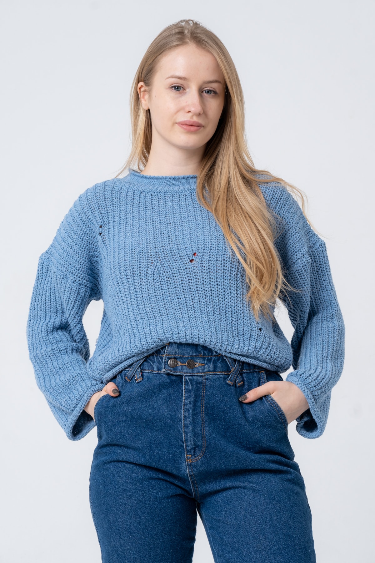 Kadın Pembe Geniş Uzun Kollu Triko Kazak