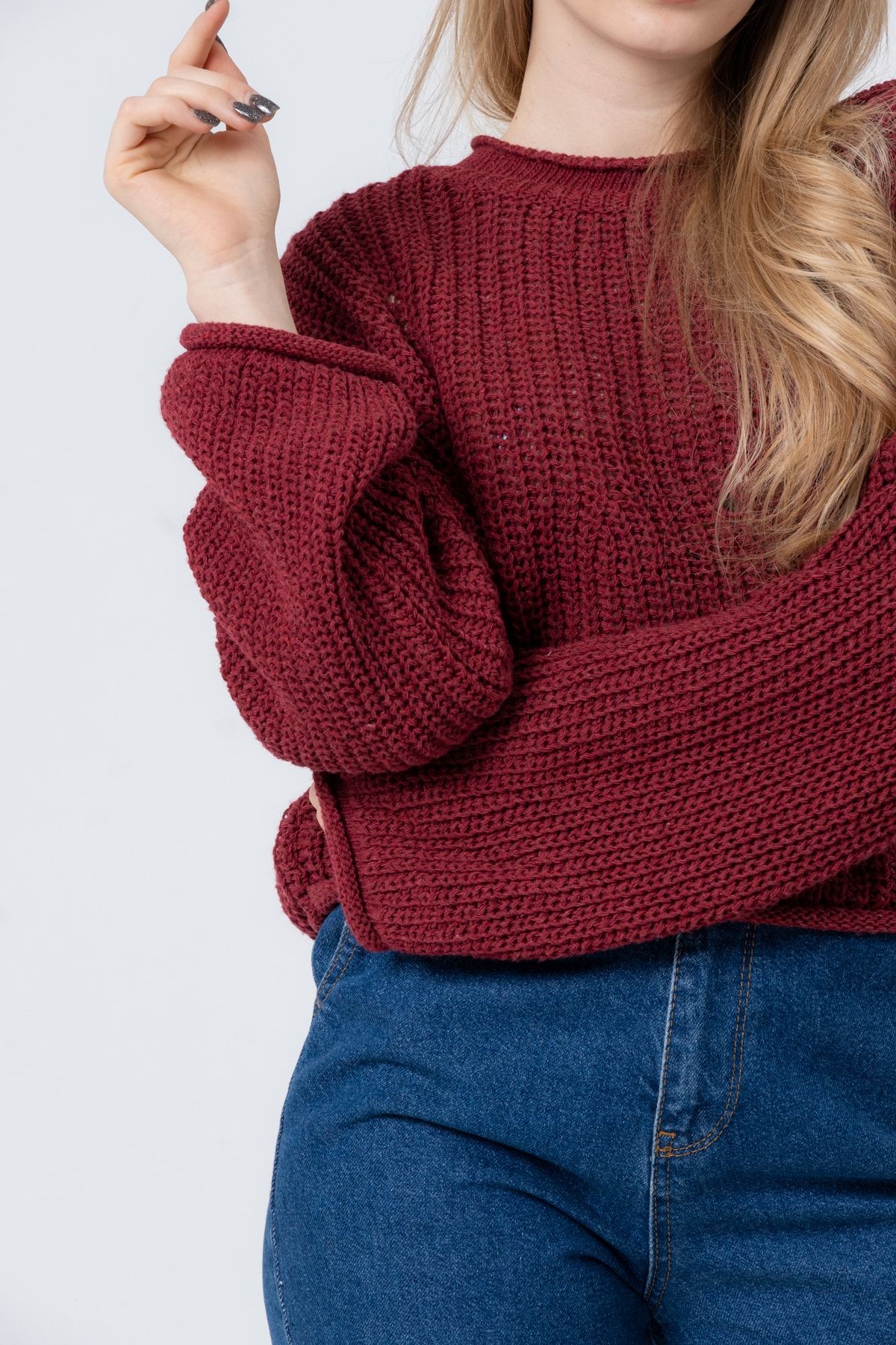 Kadın Pembe Geniş Uzun Kollu Triko Kazak