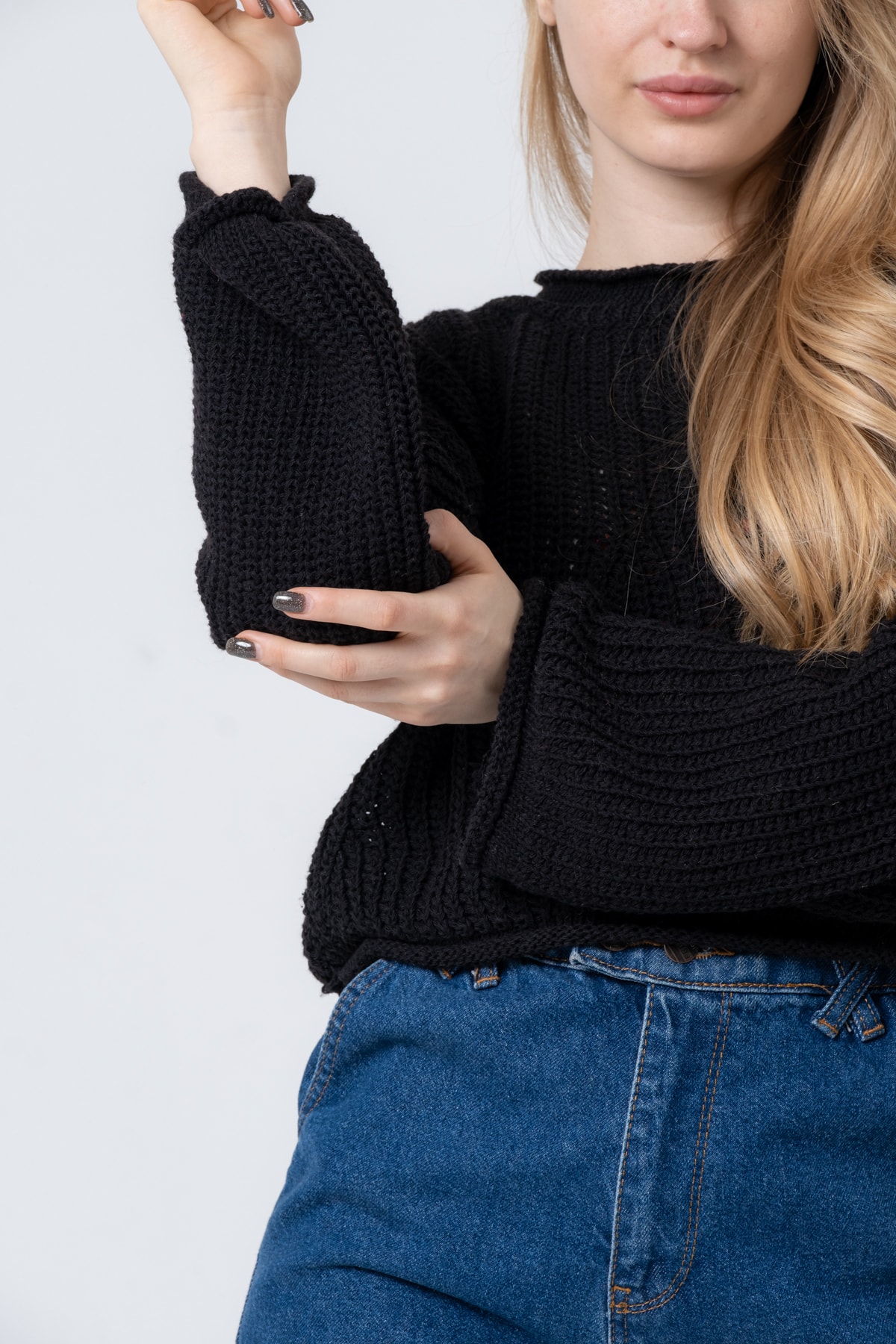 Kadın Pembe Geniş Uzun Kollu Triko Kazak