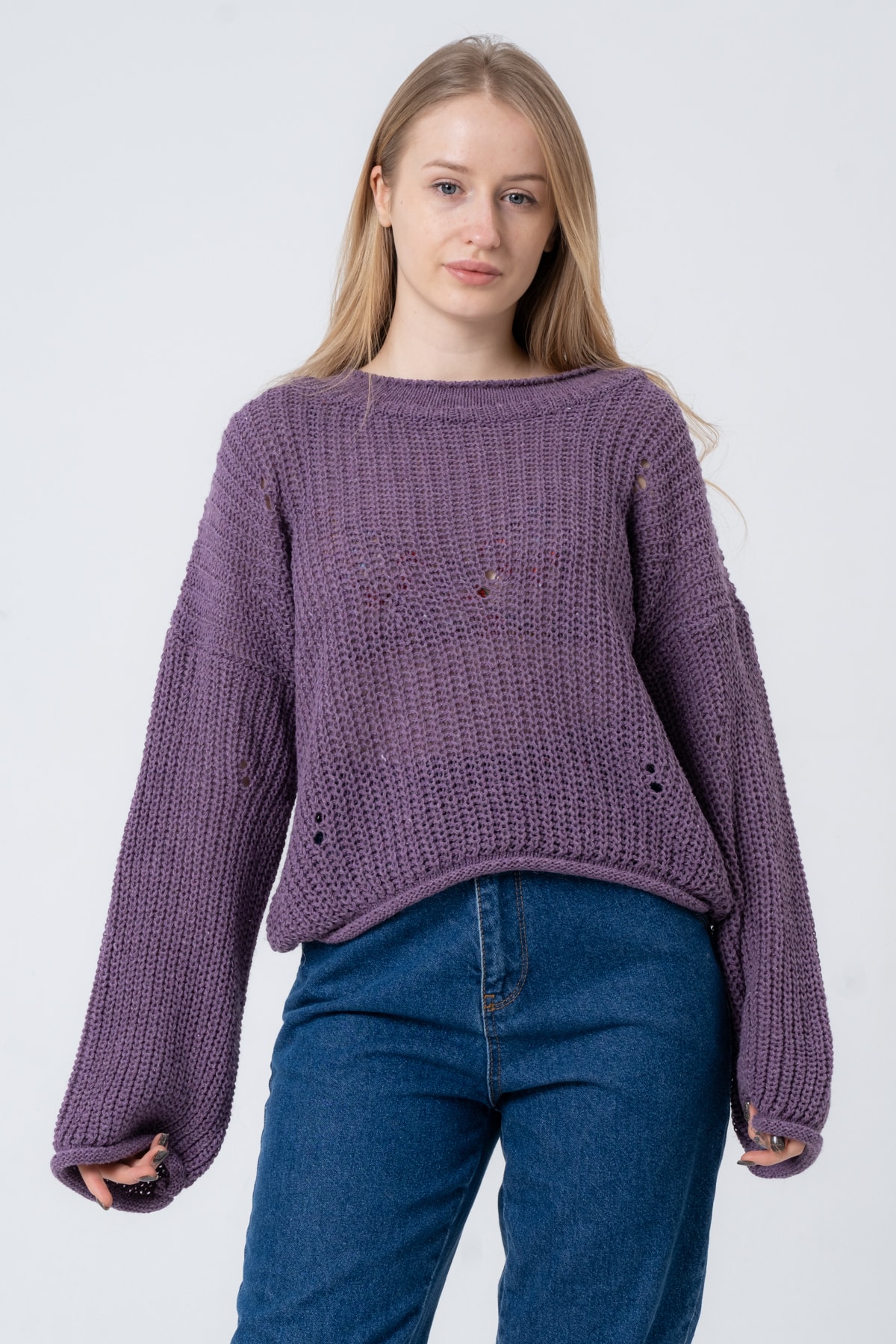 Kadın Pembe Geniş Uzun Kollu Triko Kazak