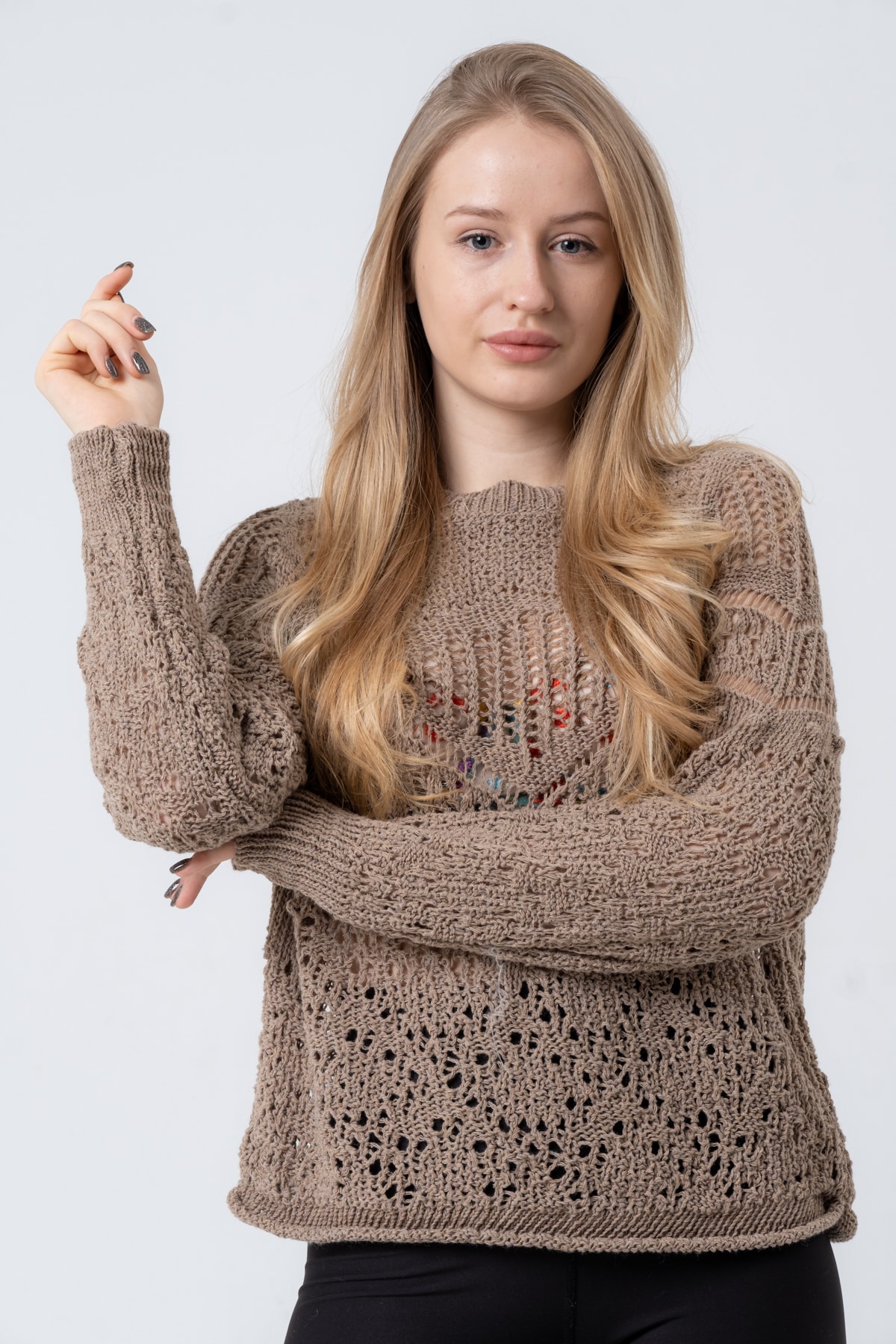 Kadın Antrasit Ajurlu Uzun Kollu Triko Kazak