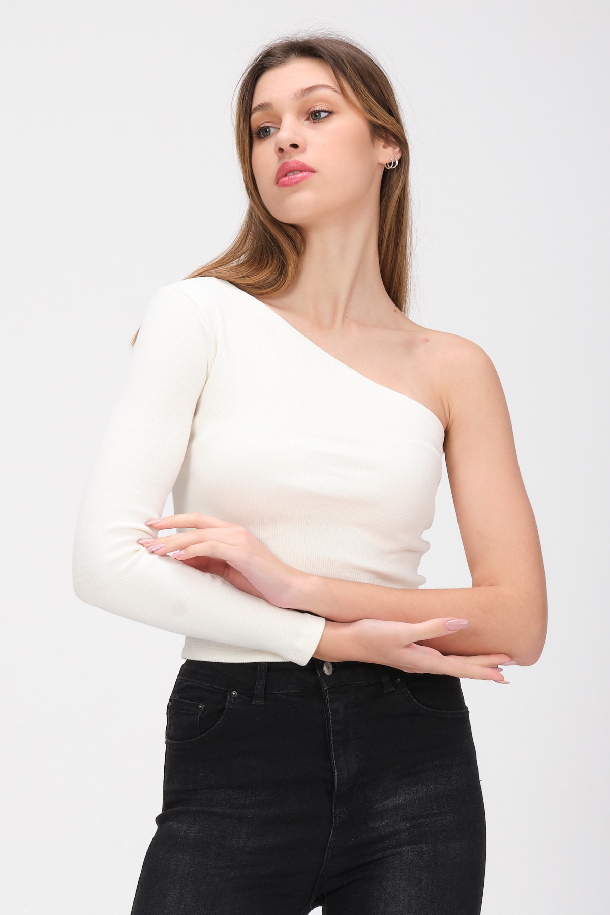 Kadın Kırmızı Tek Kollu Örme Bluz