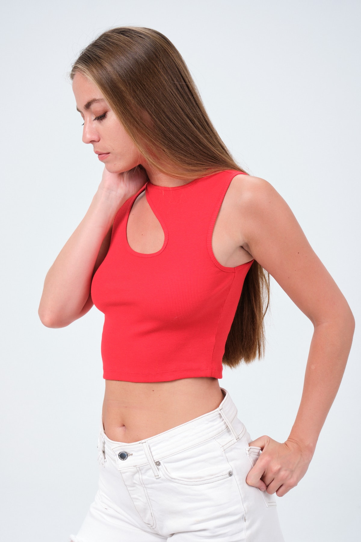 Kadın Kırmızı Yaka Detaylı Kolsuz Crop Örme Bluz