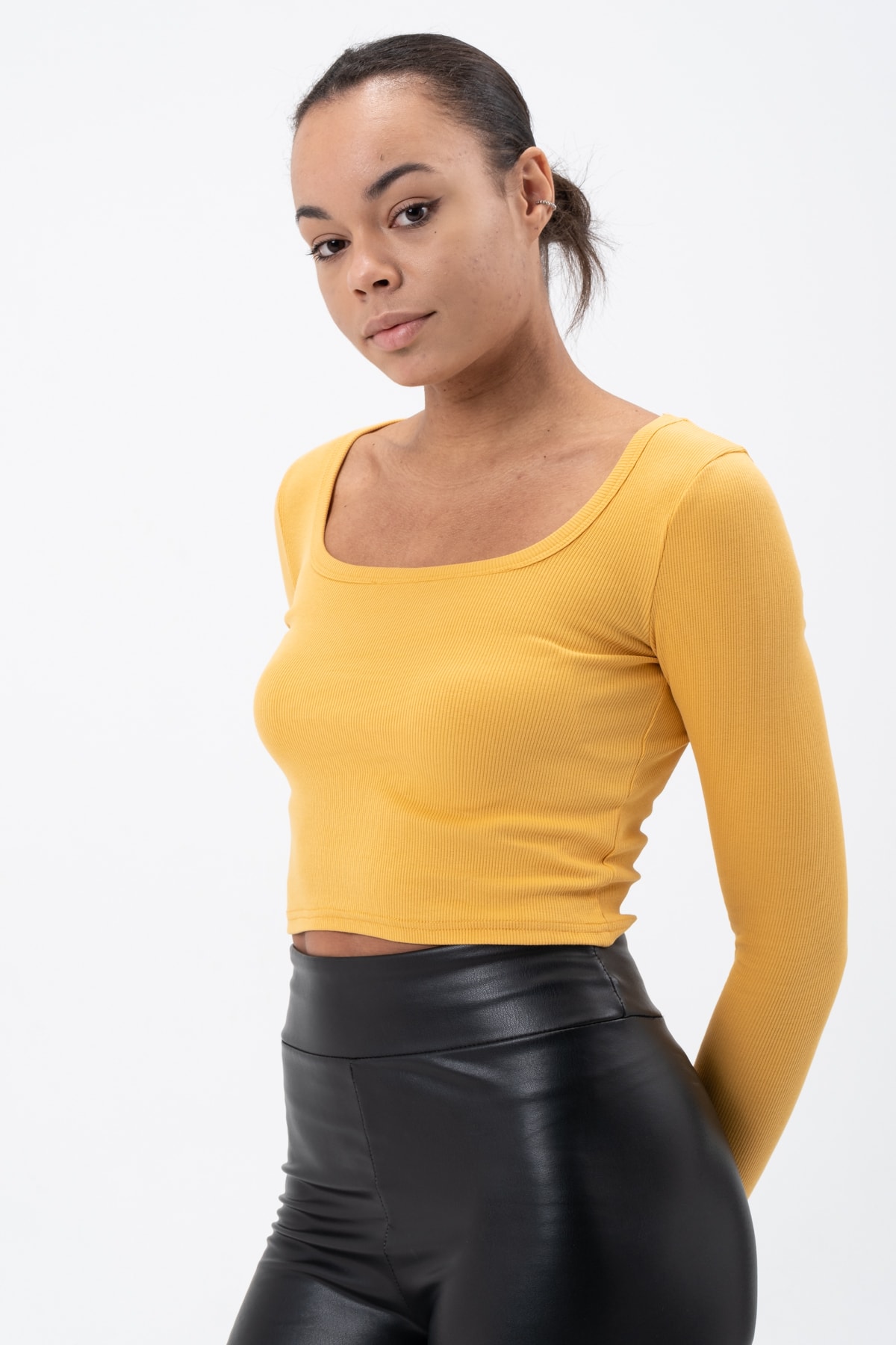 Kadın Gül Kurusu Uzun Kollu Kare Yaka Fitilli Bluz