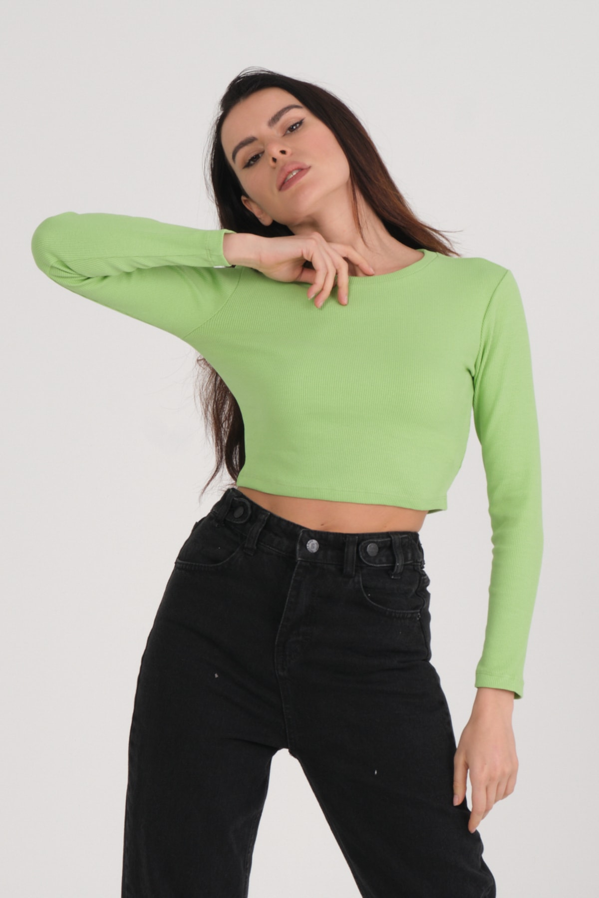 Kadın Mint Uzun Kollu Crop Sweatshirt