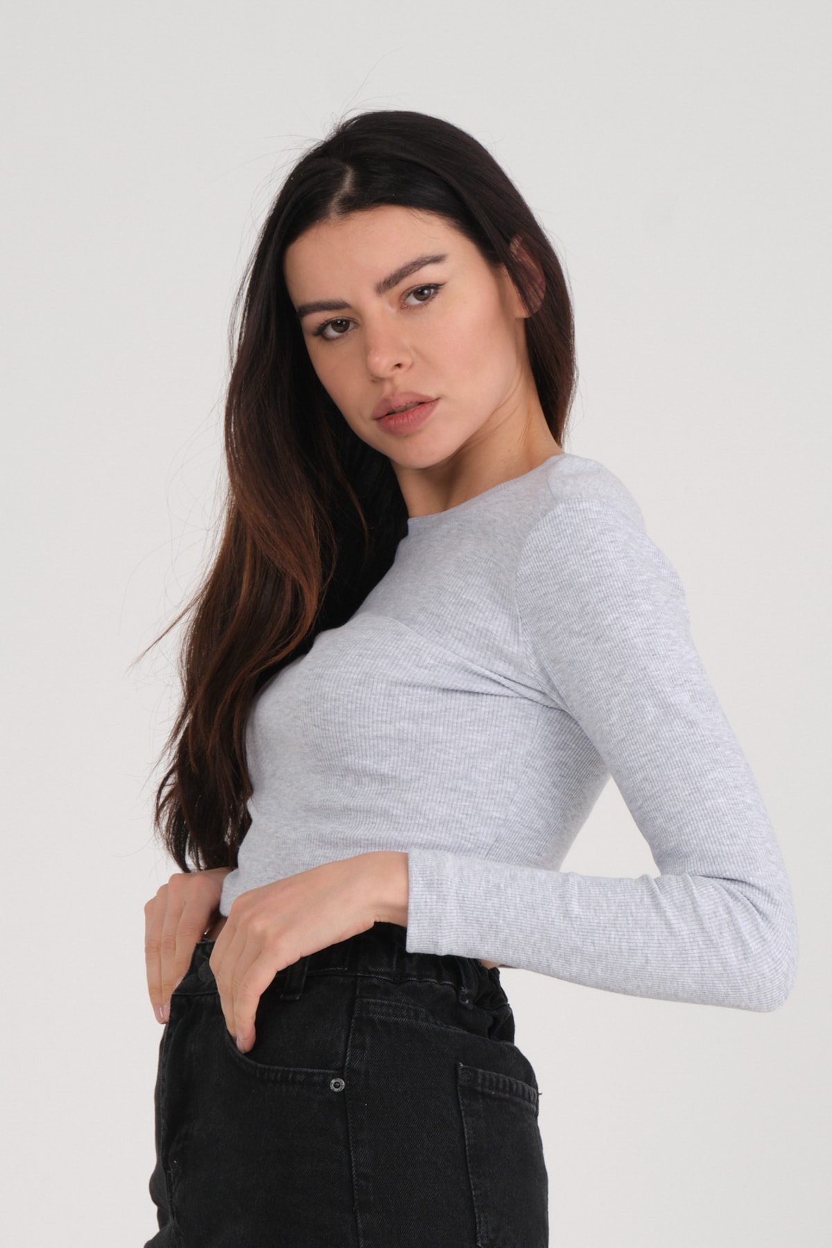 Kadın Mint Uzun Kollu Crop Sweatshirt