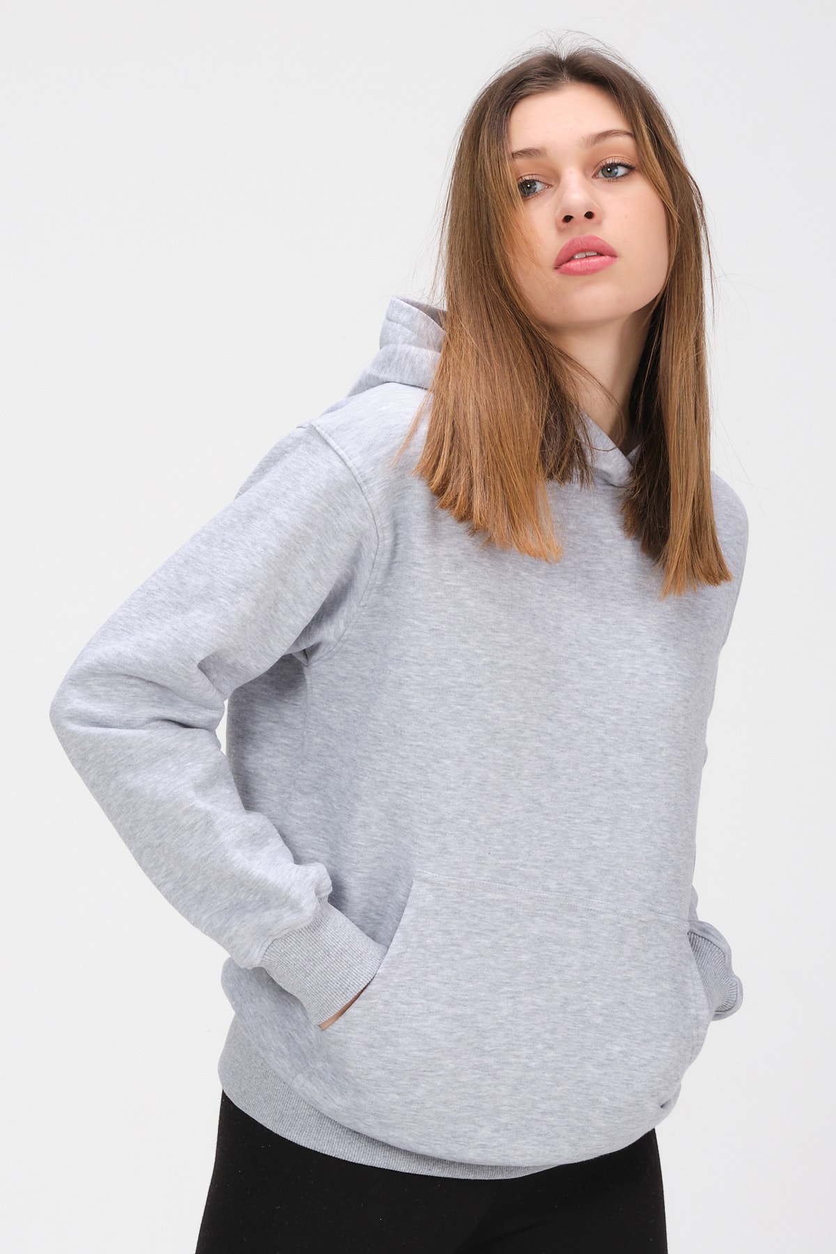 Kadın Gri Kapüşonlu Içi Polarlı Oversize Sweat