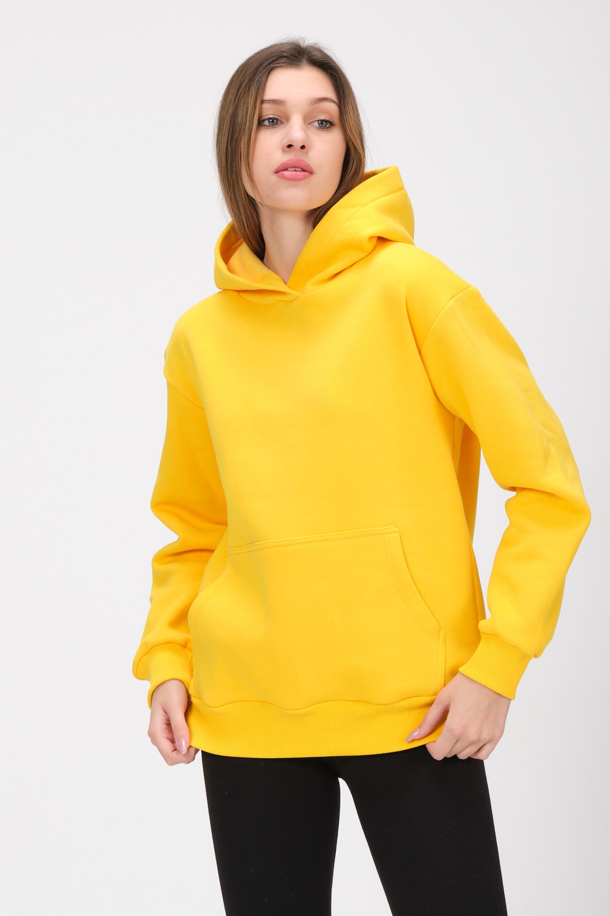 Kadın Sarı Kapüşonlu Içi Polarlı Kanguru Cep Oversize Sweatshirt