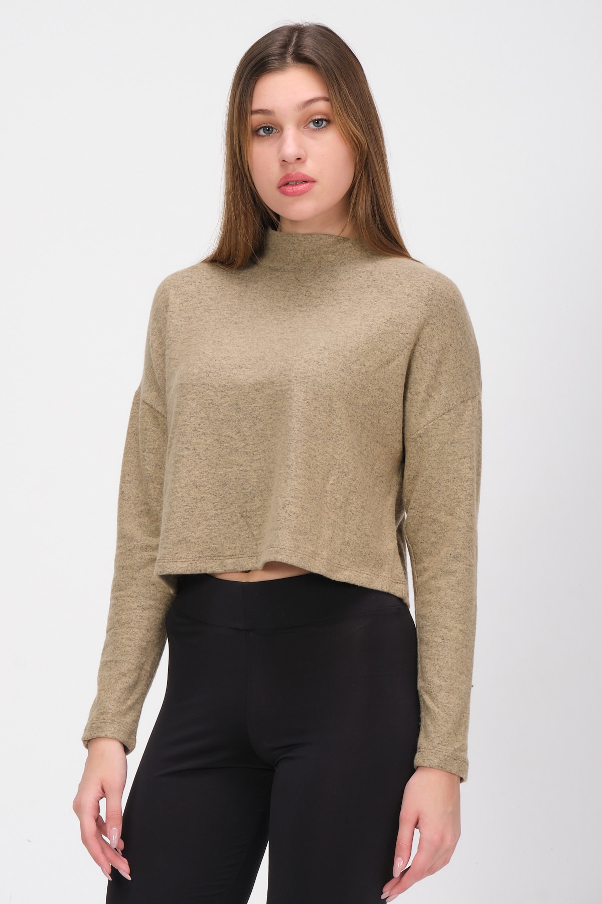 Kadın Leopar Kare Dikiş Detaylı Dik Yaka Bluz