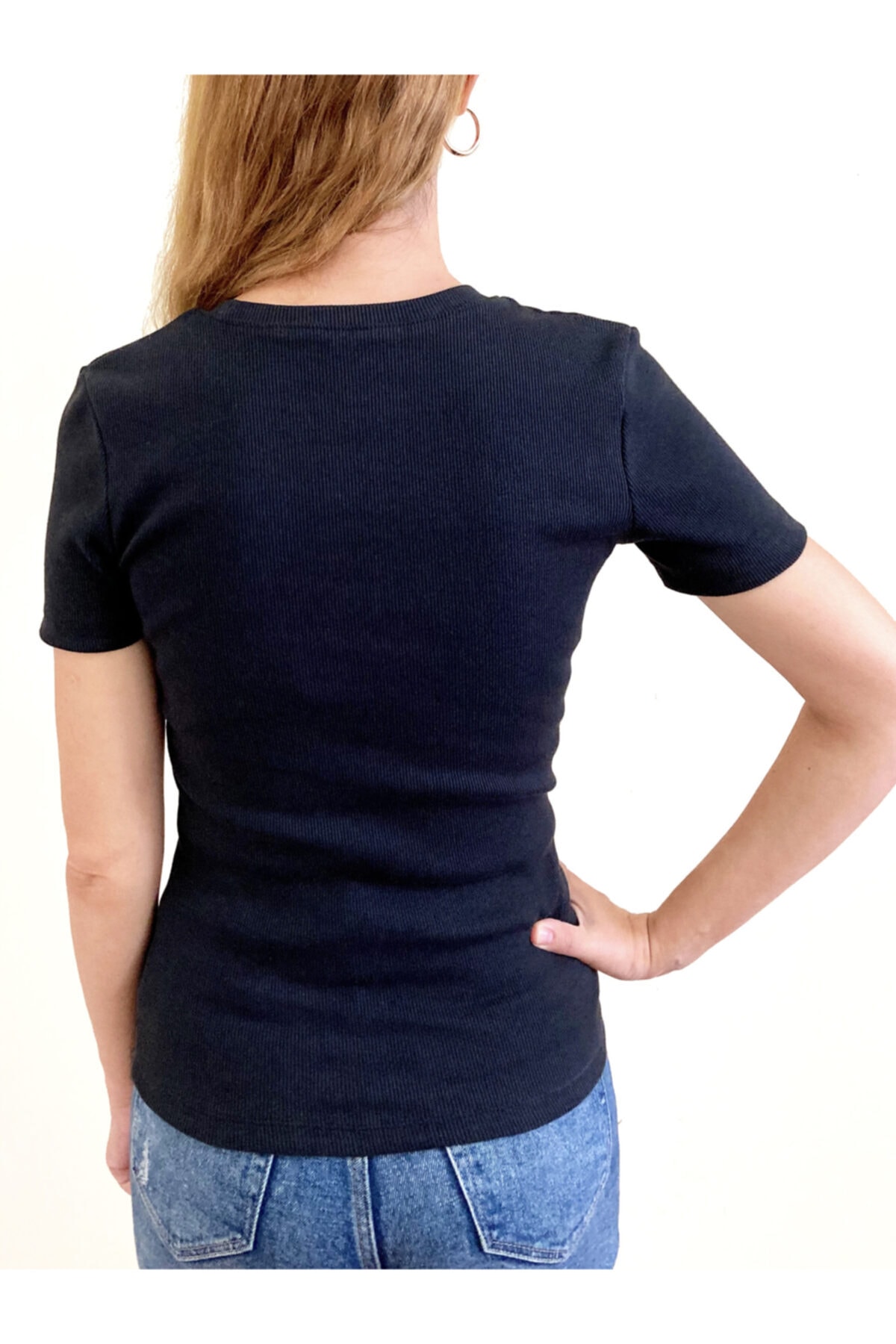 Kadın Siyah Kısa Kollu Tam Boy Basic Kaşkorse T-shirt