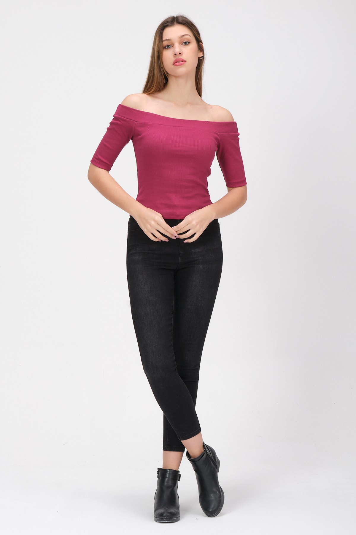 Kadın Mürdüm Kayık Yaka Kaşkorse T-shirt