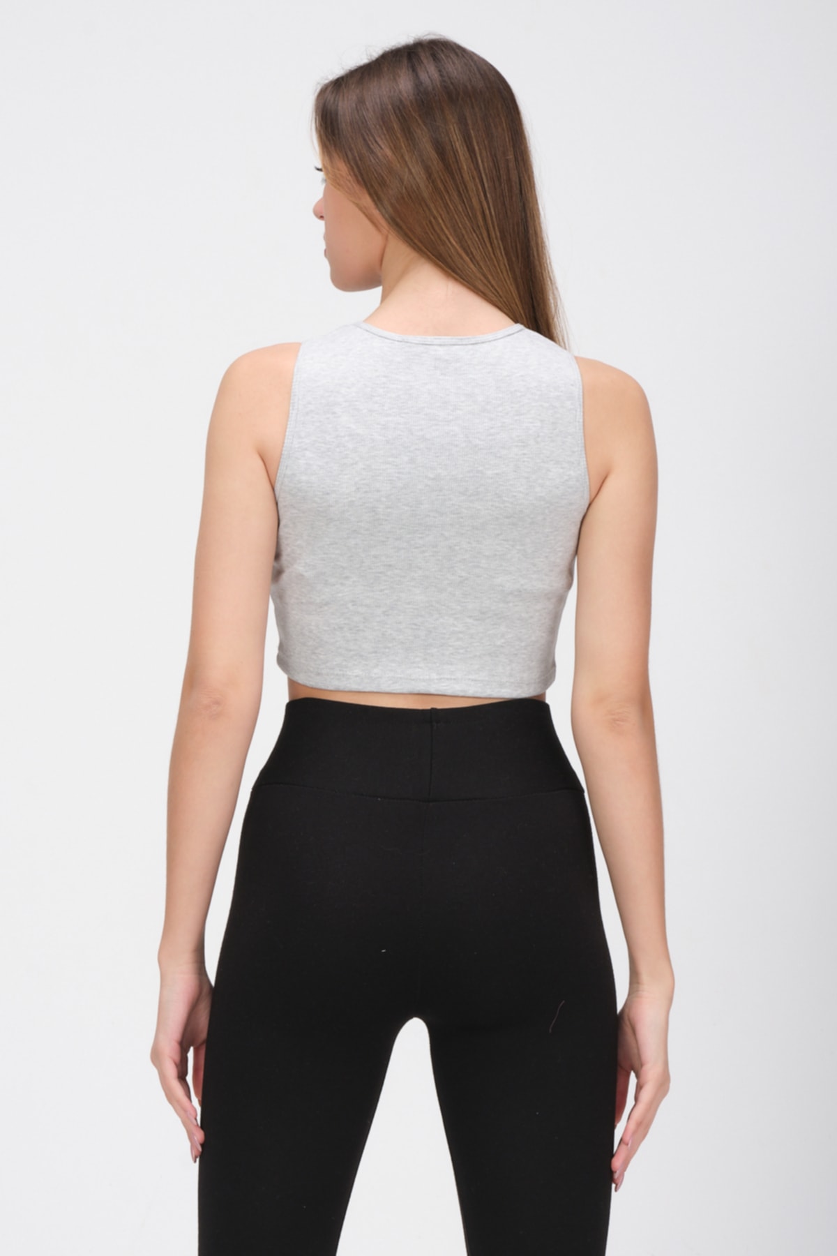 Kadın Mavi Bisiklet Yaka Crop Top Kolsuz Kaşkorse  T-Shirt