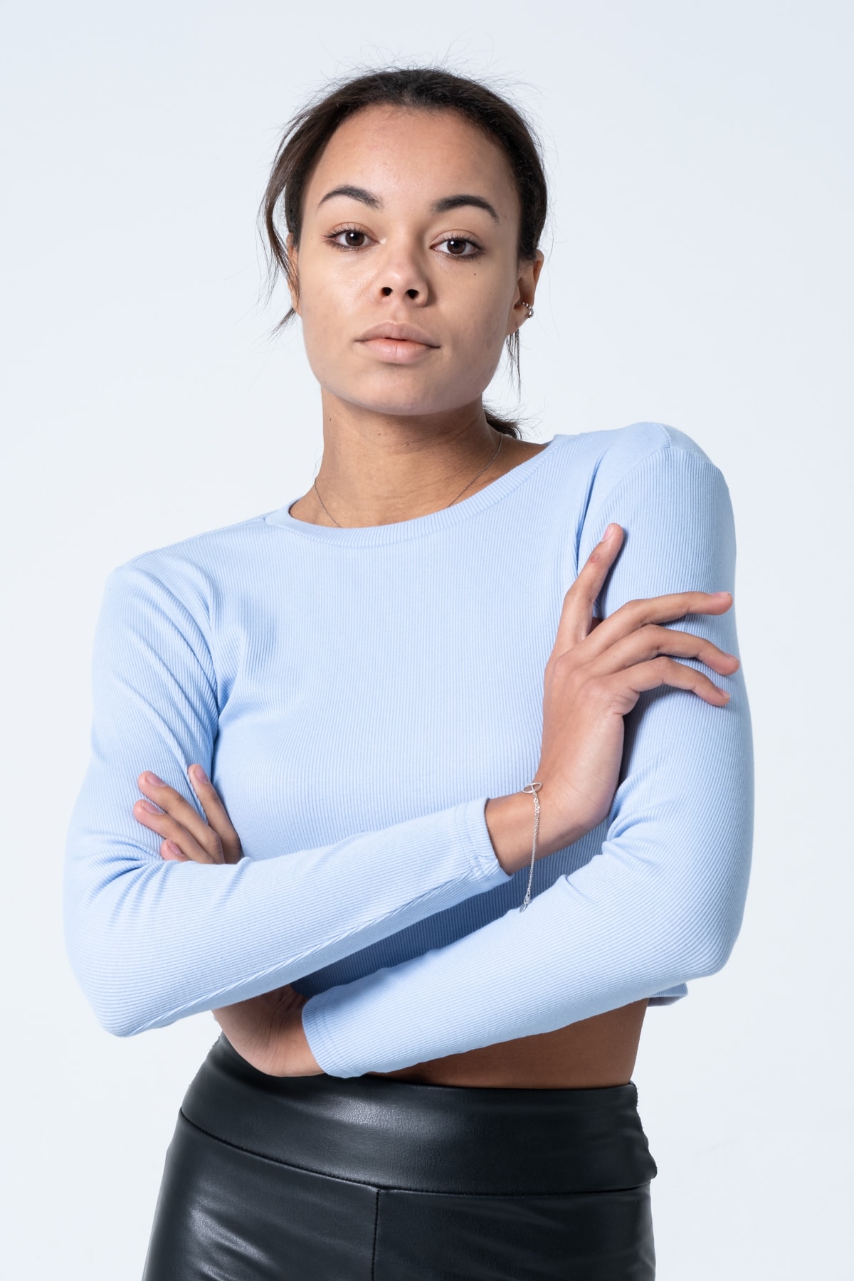 Kadın Vizon Uzun Kollu Fitilli Bluz Crop Örme T-shirt