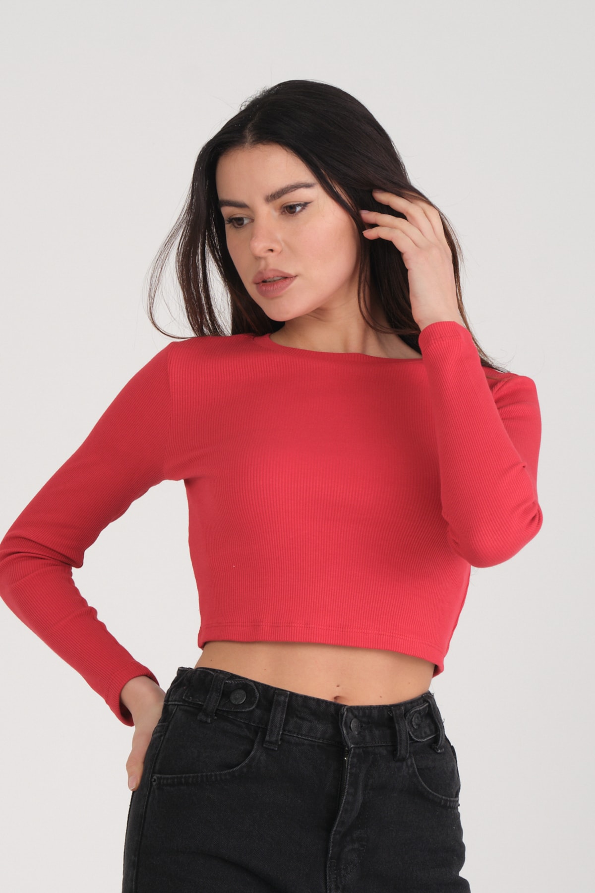 Kadın Vizon Uzun Kollu Fitilli Bluz Crop Örme T-shirt